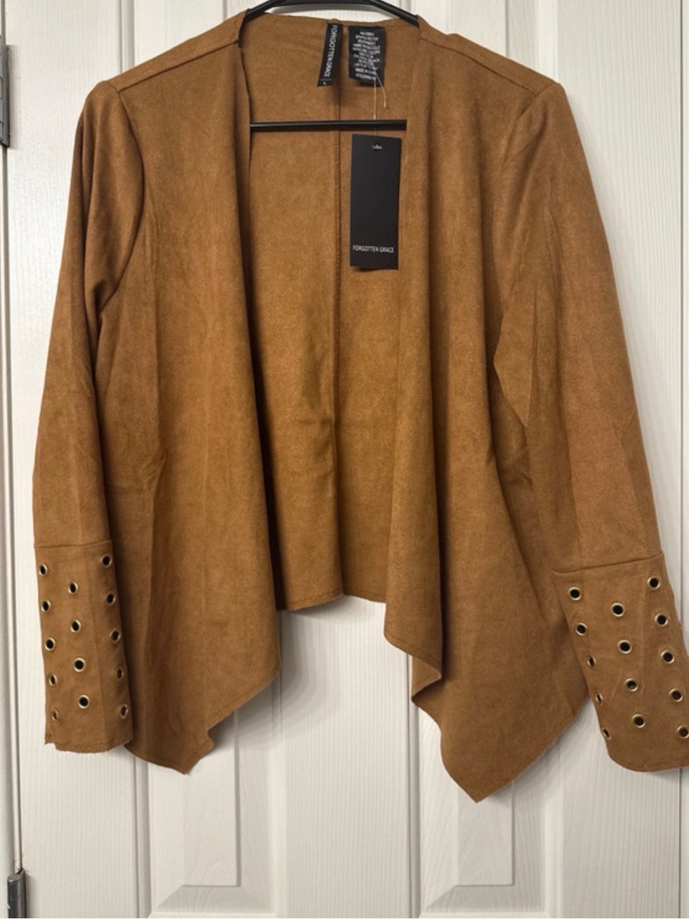 Women's Tan Suede Open Front Jacket with Eyelet Cuffs